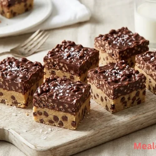 A top-down view of sliced Cookie Dough Crunch Bars with a chocolate cereal topping and sea salt