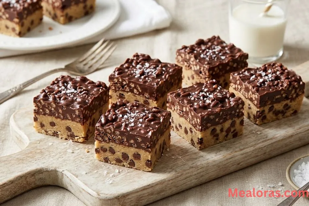A top-down view of sliced Cookie Dough Crunch Bars with a chocolate cereal topping and sea salt