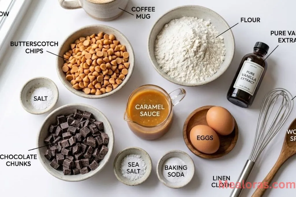 Measured bowls of flour, butterscotch chips, chocolate chips, and melted butter