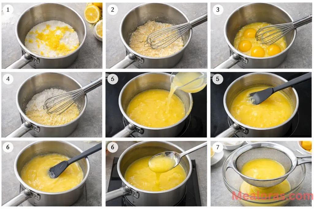 showing lemon sugar rubbing, whisking eggs, and cooking the curd