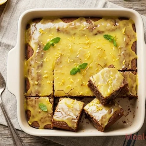 thick, fudgy lemon brownies topped with a smooth white lemon glaze and lemon zest