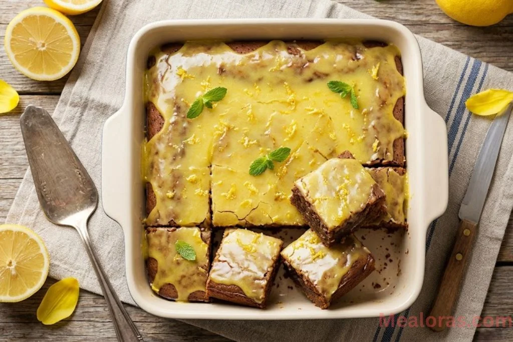 thick, fudgy lemon brownies topped with a smooth white lemon glaze and lemon zest