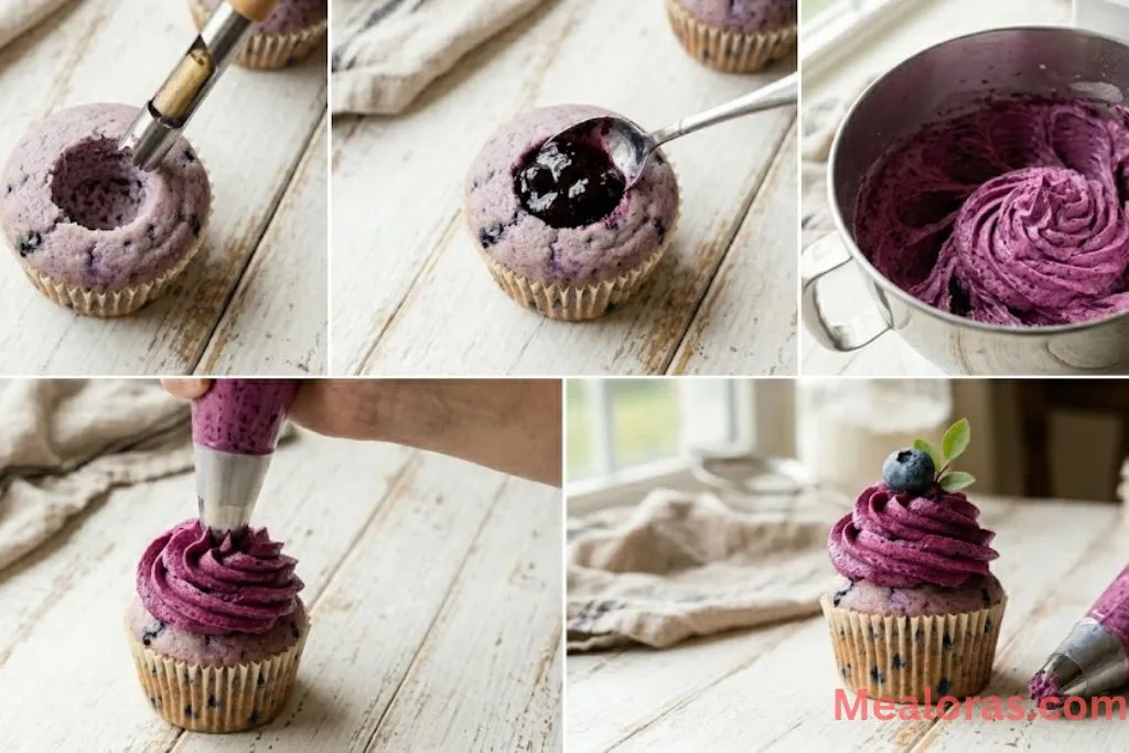 Steps showing cupcakes being filled with jam and topped with buttercream