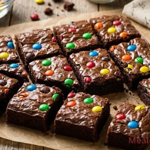 A top-down view of sliced fudgy M&M brownies with a shiny crackly top on parchment paper