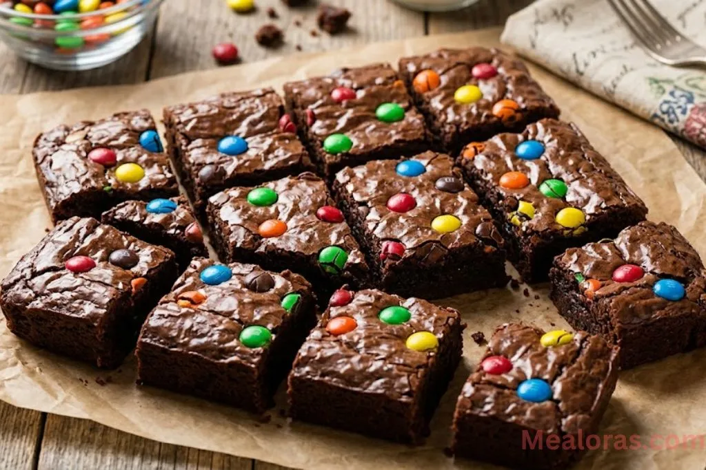 A top-down view of sliced fudgy M&M brownies with a shiny crackly top on parchment paper