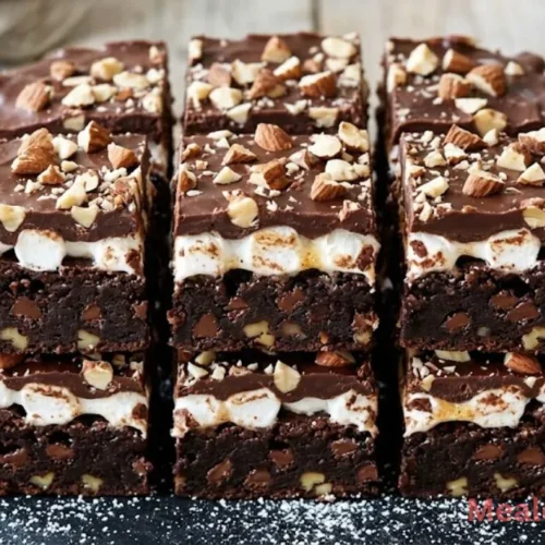 A stack of fudgy rocky road brownies showing layers of chocolate, melted marshmallows, and almond ganache
