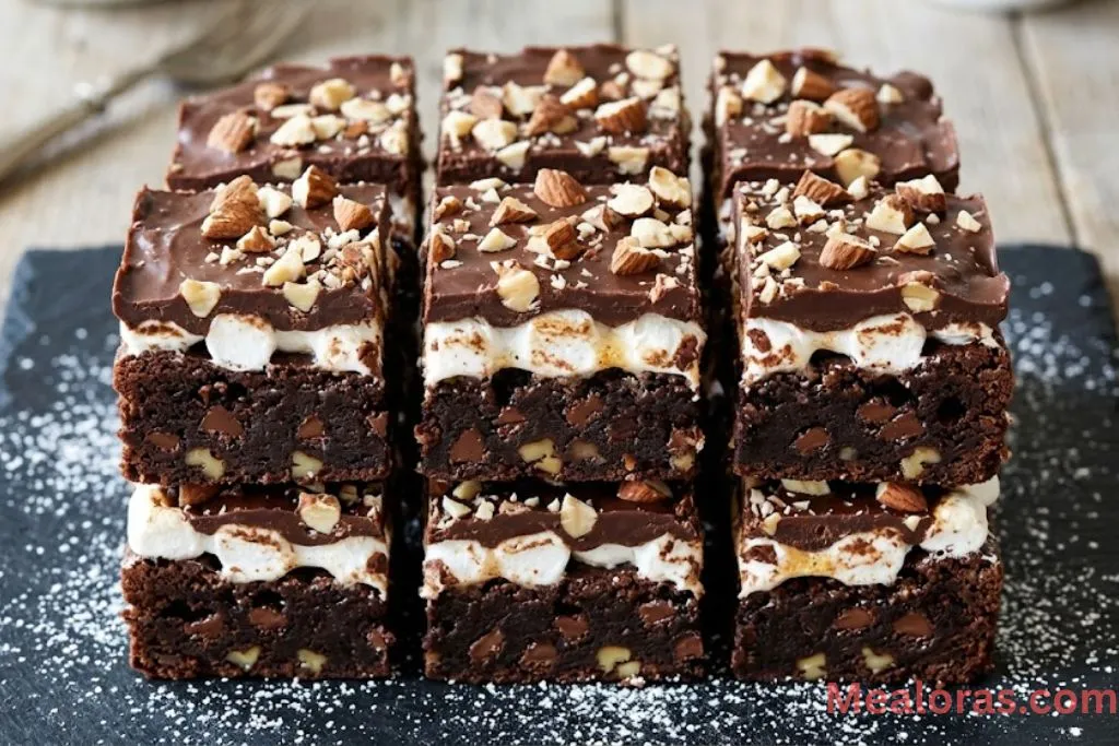 A stack of fudgy rocky road brownies showing layers of chocolate, melted marshmallows, and almond ganache