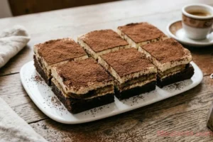 shot of a sliced Tiramisu Brownie showing layers of chocolate, ladyfingers, and mascarpone cream