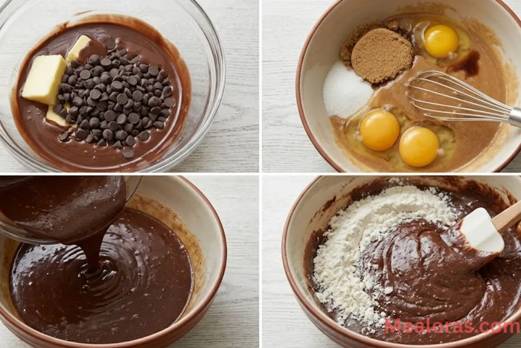 melting chocolate and butter, whisking sugars and eggs, and folding in dry ingredients