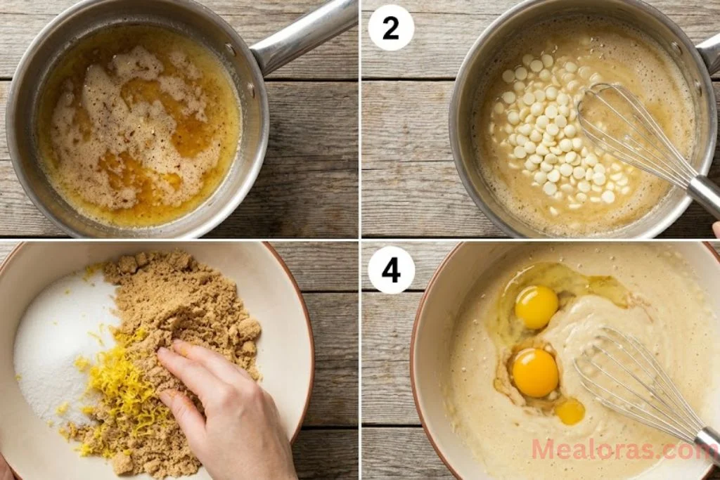brown butter being mixed with white chocolate and sugar being rubbed with lemon zest