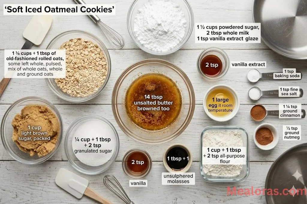 Bowls containing oats, brown sugar, molasses, spices, and browned butter