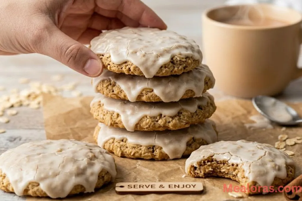 glazed oatmeal cookie with a bite taken out to show the chewy center
