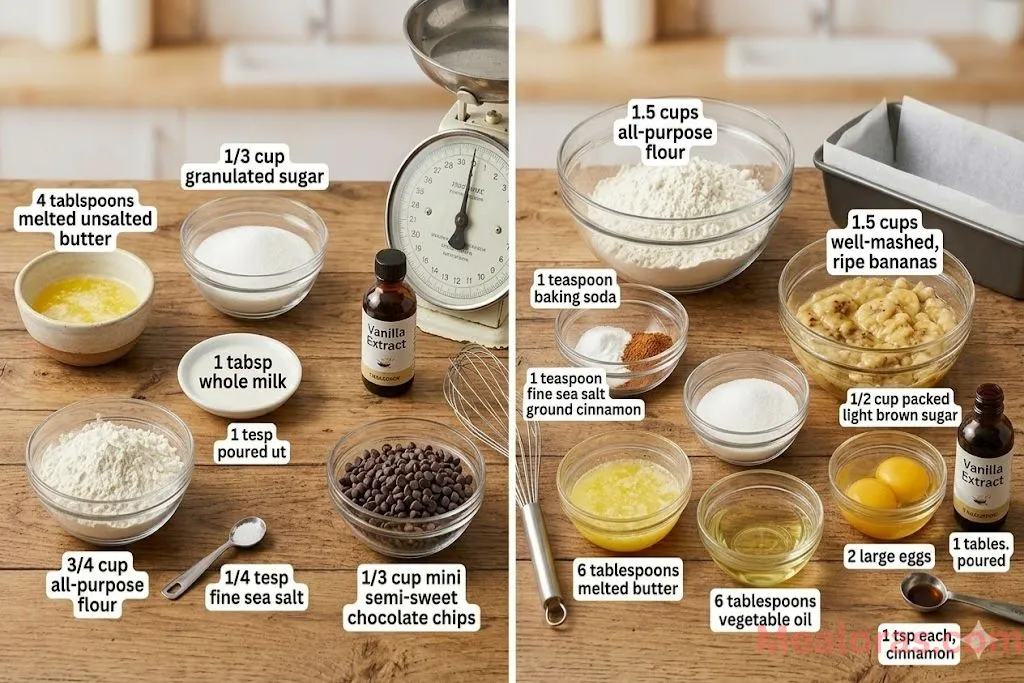 Bowls of mashed bananas, flour, chocolate chips, and butter on a counter