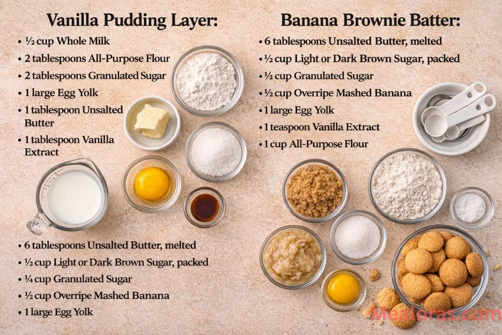ingredients like ripe bananas, milk, vanilla wafers, and flour on a kitchen counter