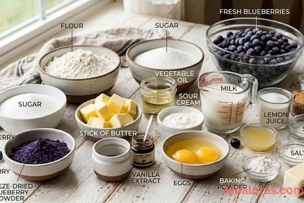 Flour, sugar, butter, and blueberries laid out on a kitchen counter