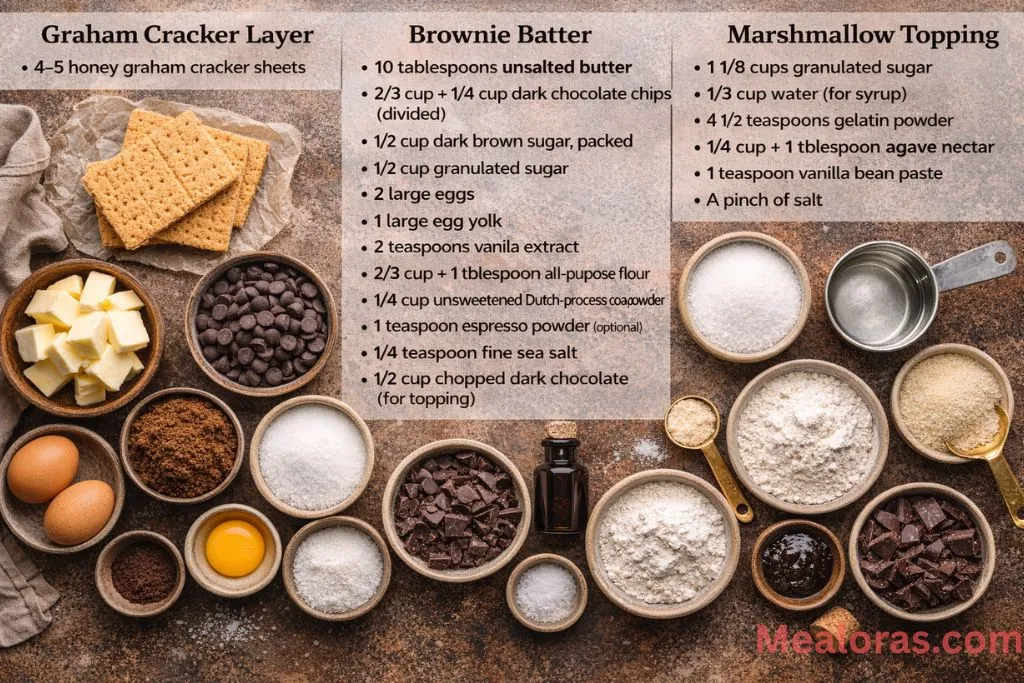 Ingredients for s'mores brownies including cocoa powder, chocolate chips, graham crackers, and gelatin