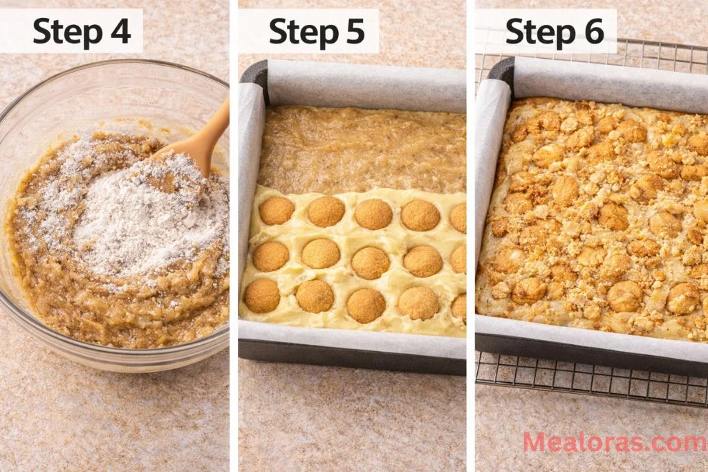 showing the layering of batter, cookies, and pudding into a square baking pan