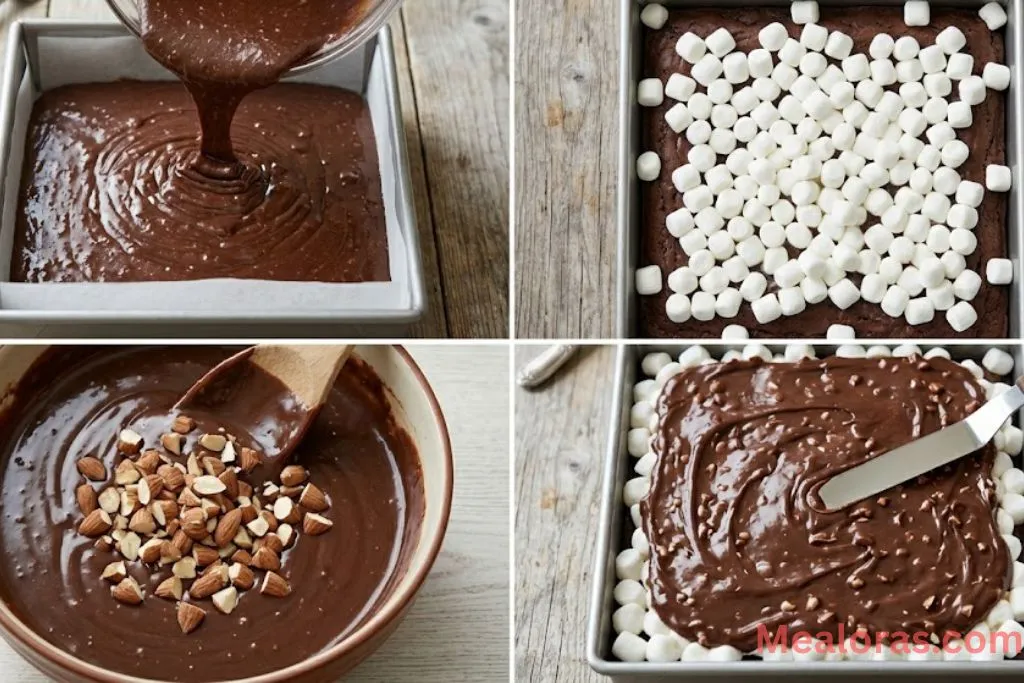 Process of topping baked brownies with marshmallows and spreading almond chocolate ganache on top