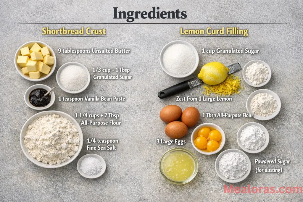 lemons, eggs, flour, butter, and sugar arranged on a countertop