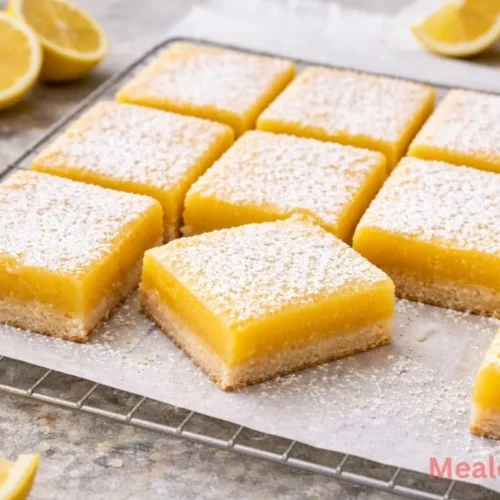 of sliced lemon bars with a golden shortbread crust and powdered sugar dusting
