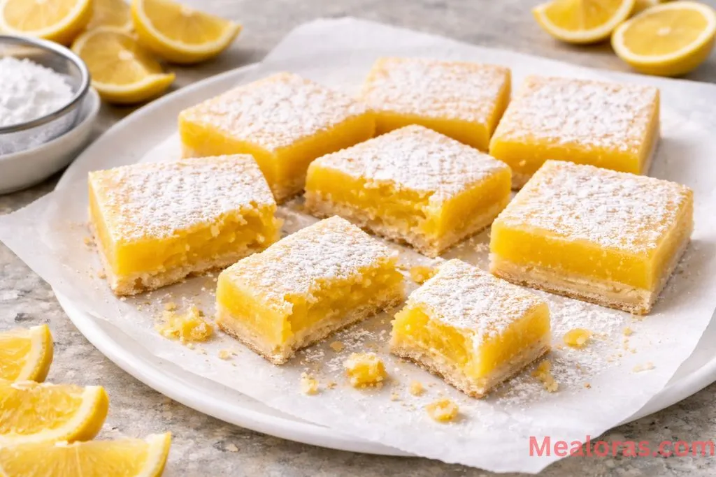 hand picking up a square lemon bar from a platter with a dusting of sugar