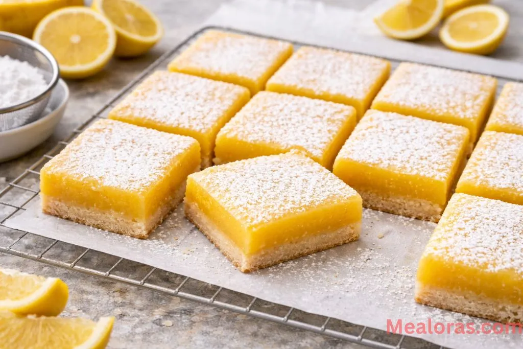 of sliced lemon bars with a golden shortbread crust and powdered sugar dusting