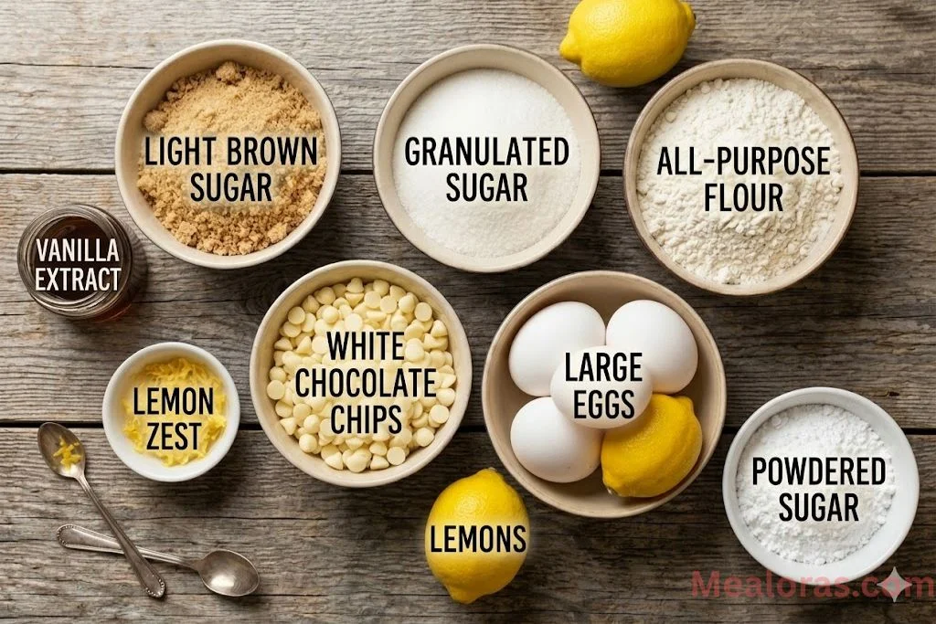 lemons, white chocolate chips, brown butter, flour, and sugar arranged on a kitchen counter