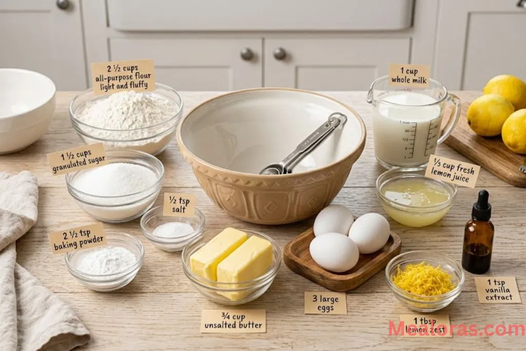 flour, sugar, lemons, butter, and eggs on a kitchen counter
