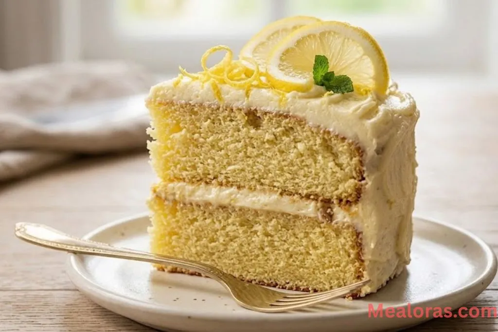Slice of lemon cake on plate
