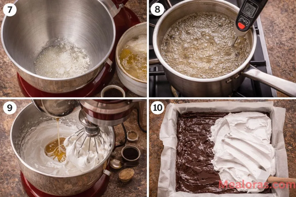Steps showing the baked brownies being topped with freshly whipped marshmallow and toasted