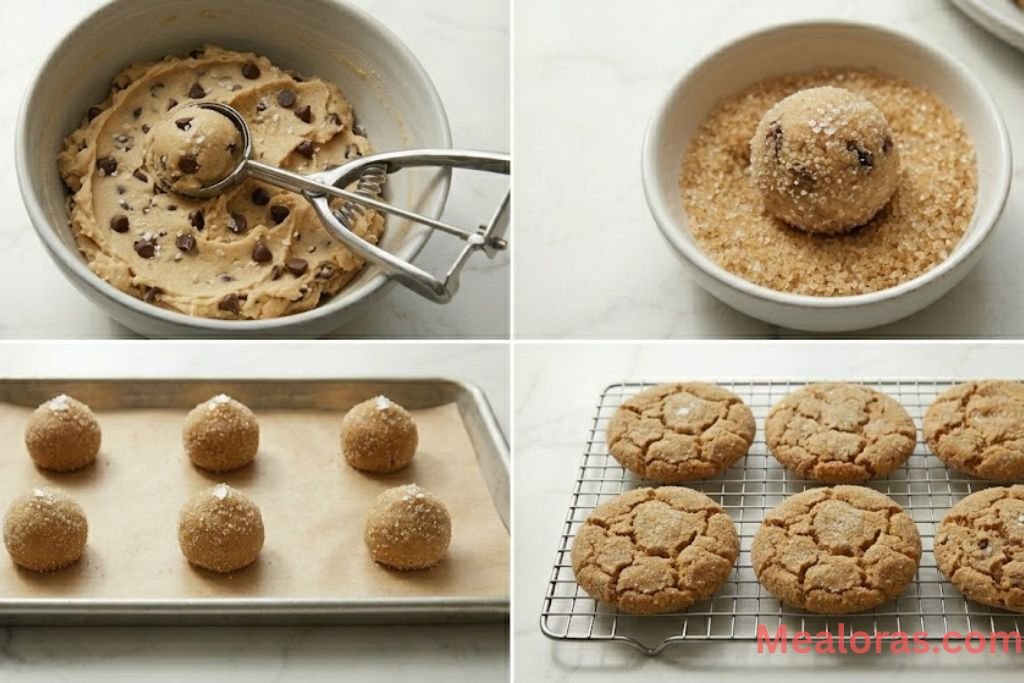 Peanut butter miso cookies displayed with dark chocolate chips and sea salt flakes