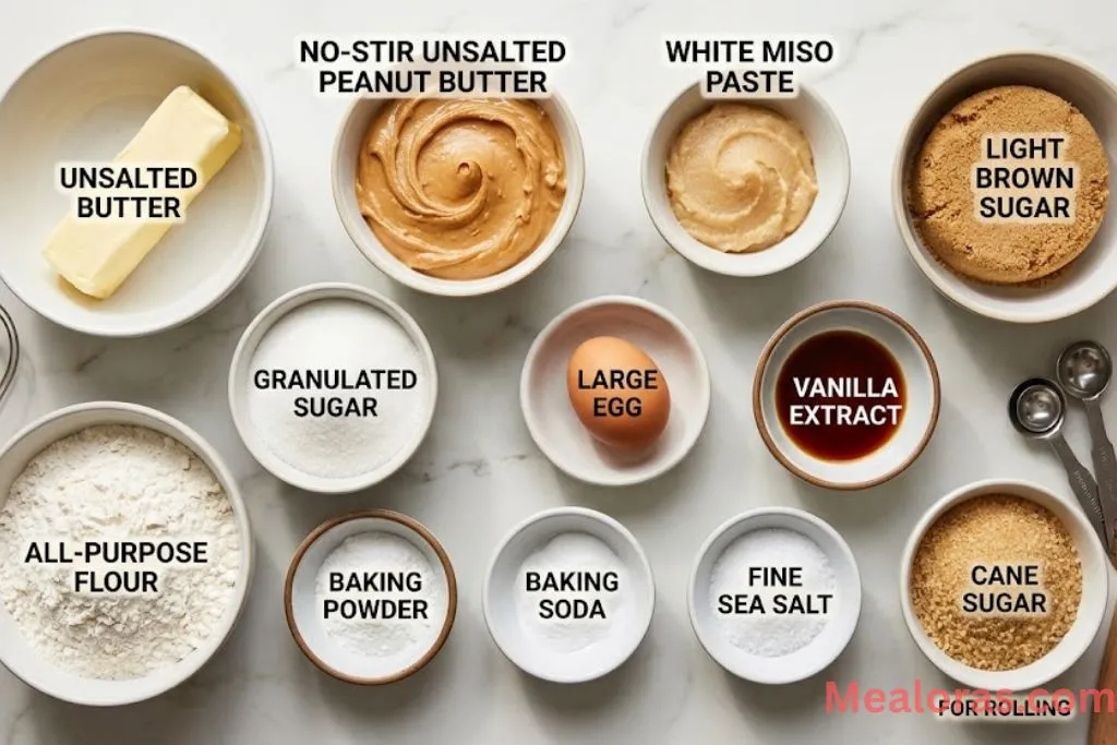 Bowls of peanut butter, white miso paste, brown sugar, and flour on a clean surface