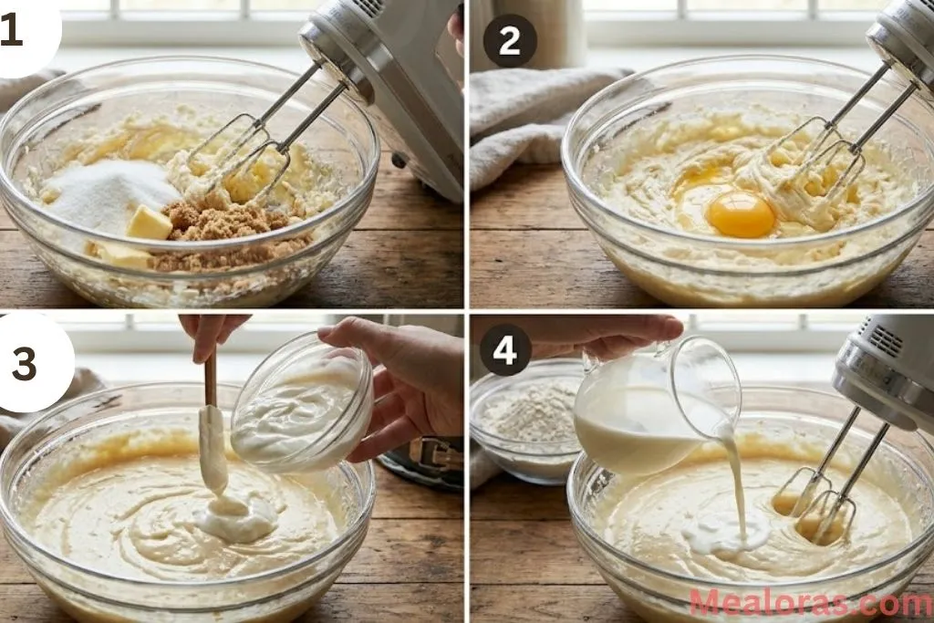 showing butter and sugar being creamed, adding eggs, sour cream, and folding in flour