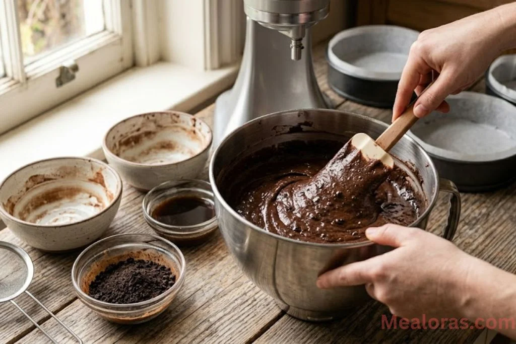 Step-by-step process of mixing cocoa, dry ingredients, and adding butter and wet ingredients