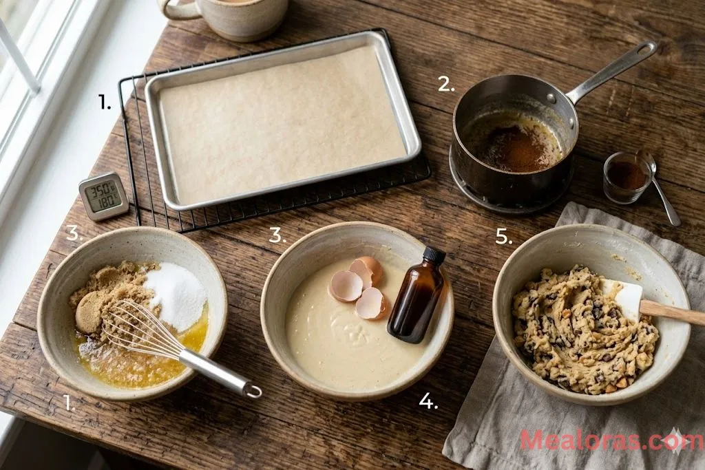 A series of images showing butter being whisked with sugars and flour being folded in