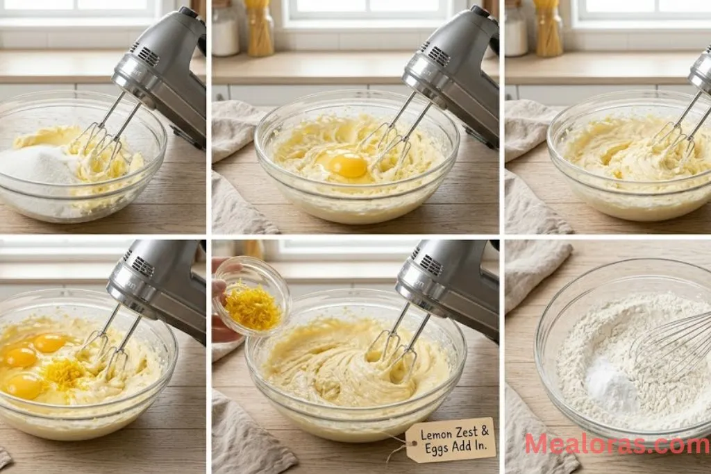 butter creamed with sugar, adding eggs, and mixing dry ingredients