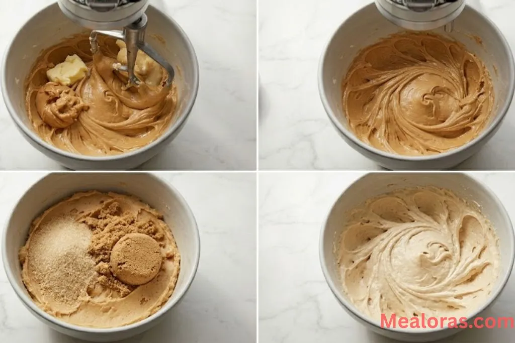 Grid showing creaming butter, adding sugars, mixing eggs, and folding in dry flour