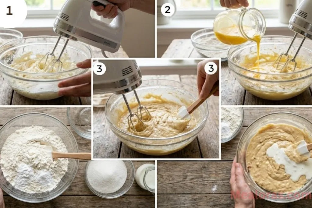 Collage showing butter and sugar being creamed, adding eggs, and mixing the dry ingredients