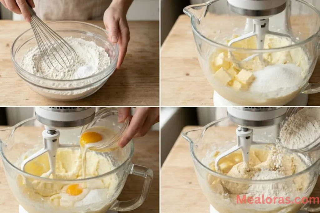 Process shots of whisking dry ingredients and creaming butter and sugar