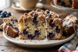 Golden brown blueberry coffee cake with cinnamon streusel and white glaze drizzle