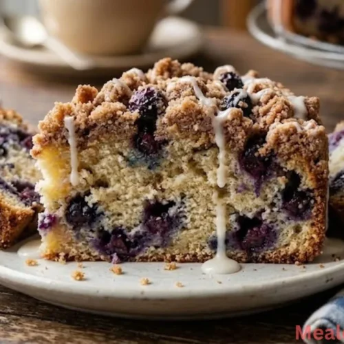 Golden brown blueberry coffee cake with cinnamon streusel and white glaze drizzle
