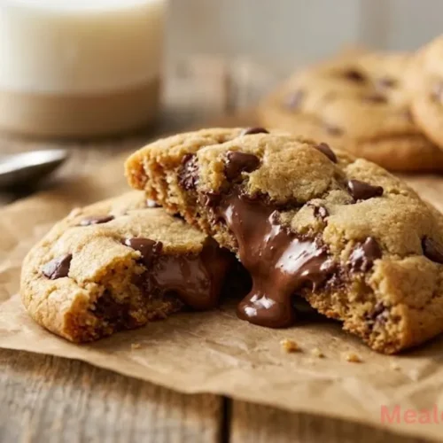 soft chocolate filled cookie broken in half to reveal a molten chocolate center
