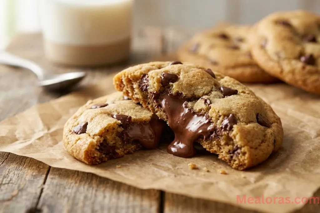 soft chocolate filled cookie broken in half to reveal a molten chocolate center