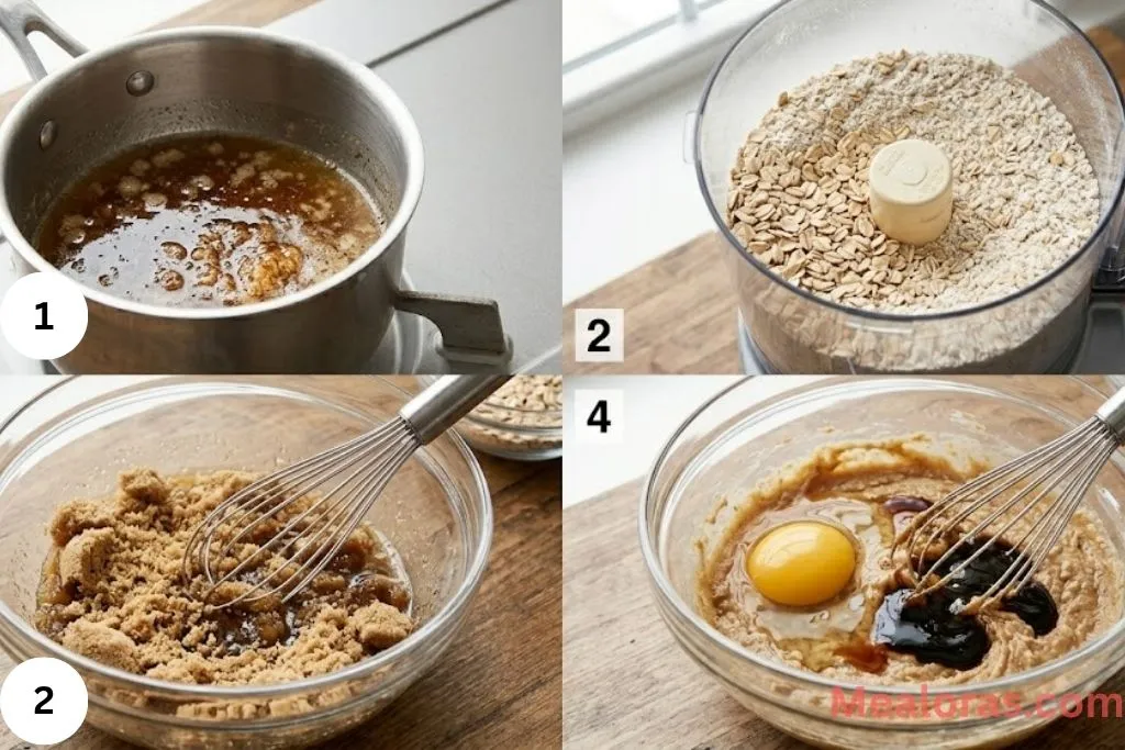 showing browned butter, pulsed oats, and whisking wet ingredients
