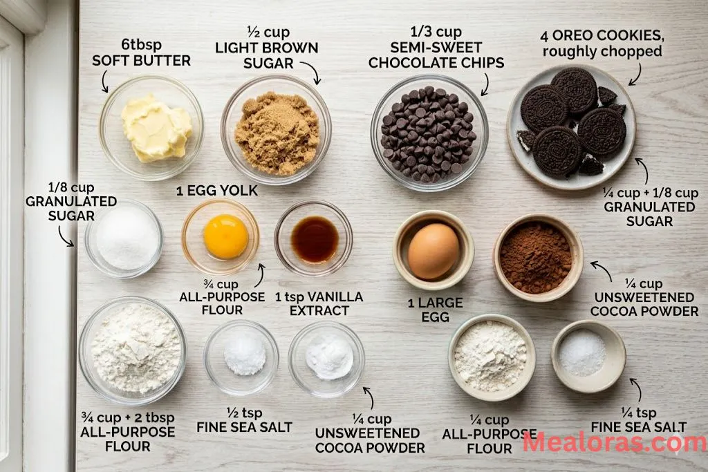 Bowls of flour, cocoa powder, sugar, butter, and Oreo cookies on a marble surface