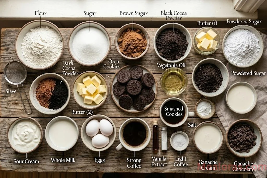 ingredients for chocolate cake including cocoa powder, Oreo crumbs, and sour cream