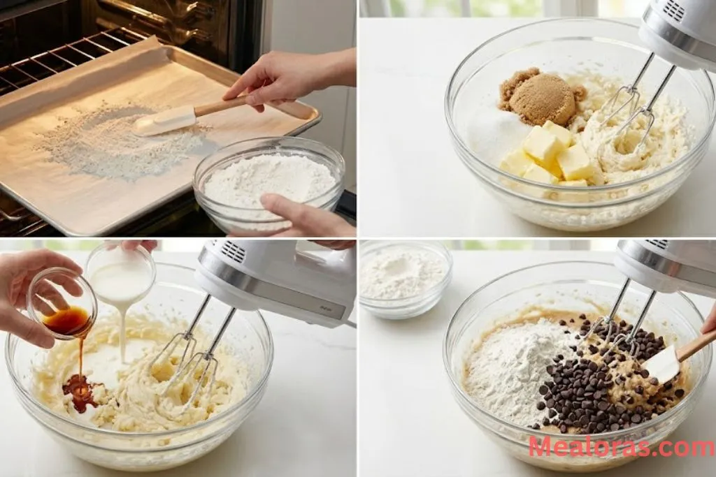 A collage showing heat-treated flour, creamed butter and sugar, and the dough being mixed with chocolate chips