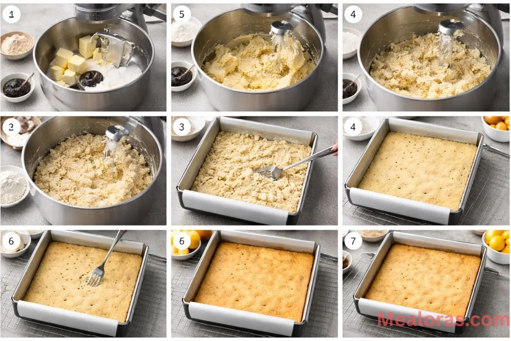 showing butter creaming, dough pressing, and docking the shortbread crust