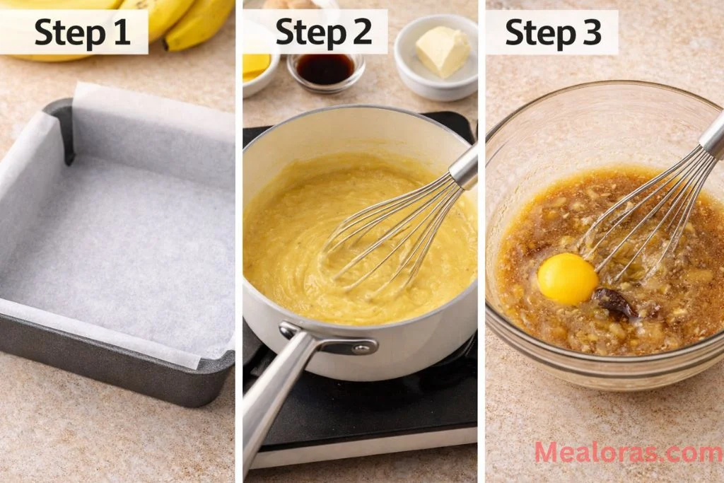 showing vanilla pudding thickening in a pan and wet brownie ingredients being whisked