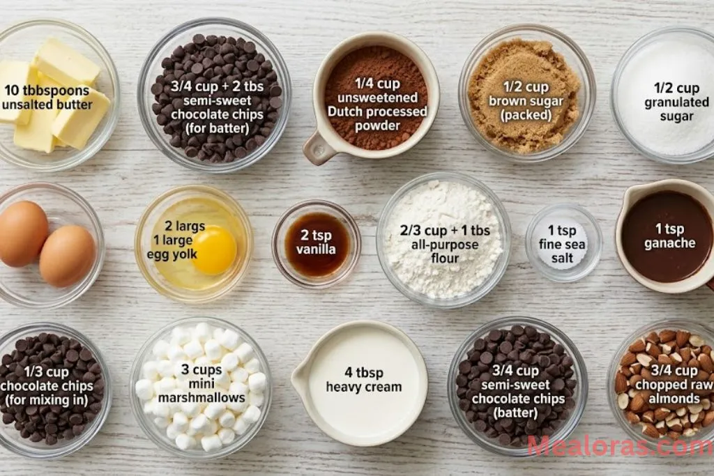 Measured ingredients for brownies including butter, chocolate chips, cocoa powder, mini marshmallows, and raw almonds